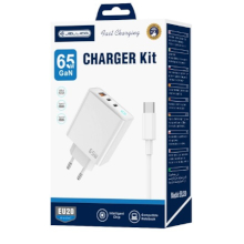 CARICABATTERIA JELLICO EU20 GAN PD 65W 2 X USB-C + 1 X USB-A QC 3.0 CON CAVO USB-C / USB-C BIANCO
